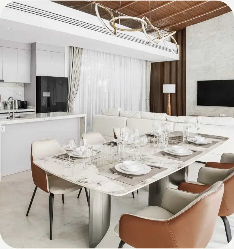 Kitchen with an island and dining area