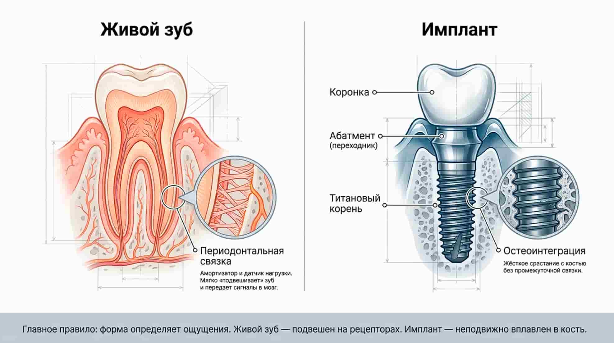 Живой зуб и имплант - как устроен?