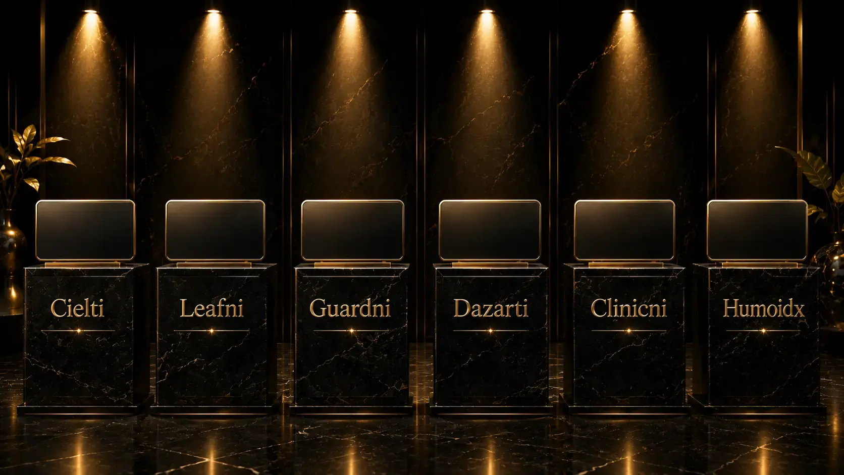 Luxury dark showroom displaying premium brandable domain names like Cielti and Leafni on black marble pedestals.