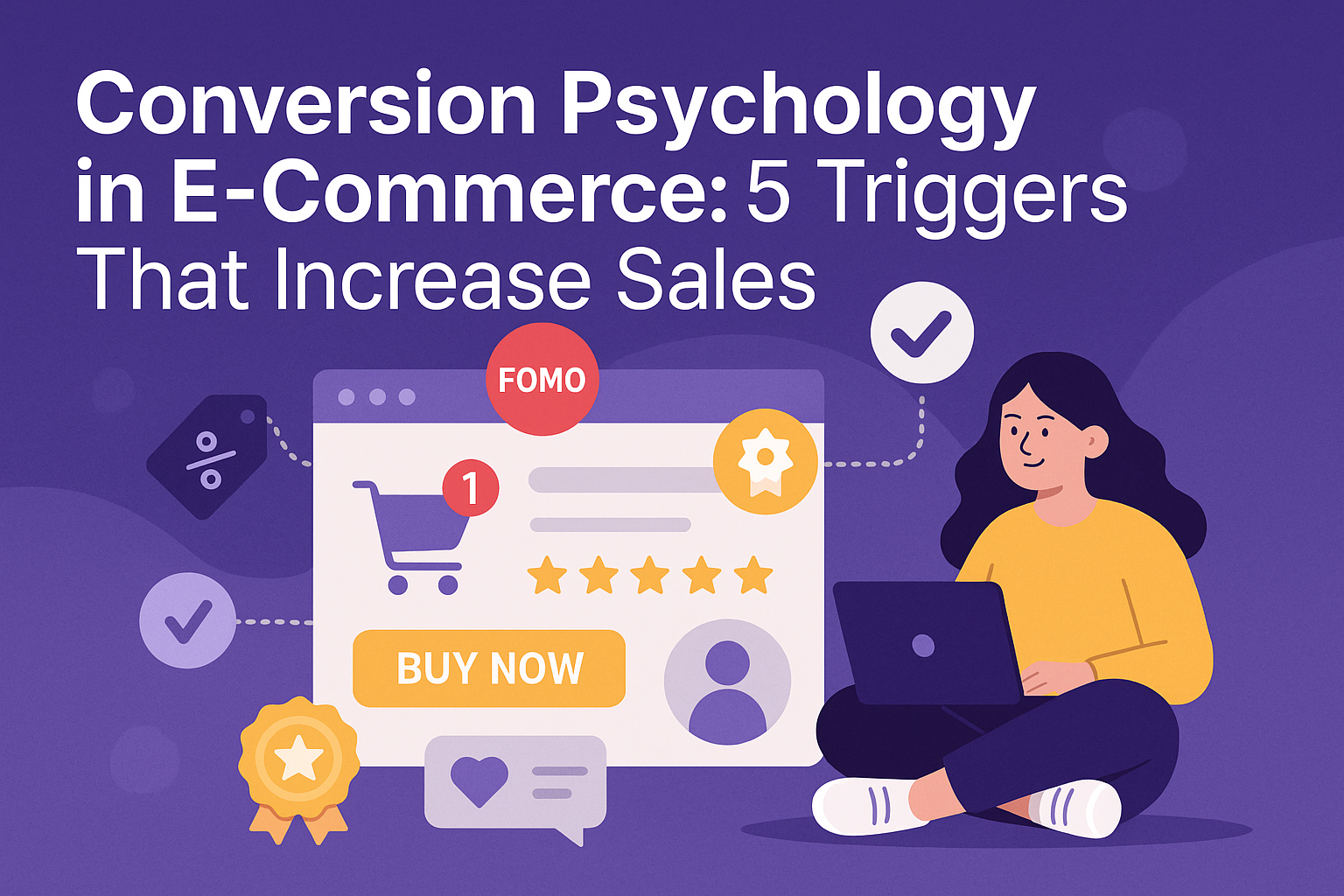 Flat-style illustration showing a shopper using a laptop surrounded by e-commerce conversion triggers like urgency, FOMO, social proof, and a “Buy Now” button, supporting an article on conversion psychology in e-commerce