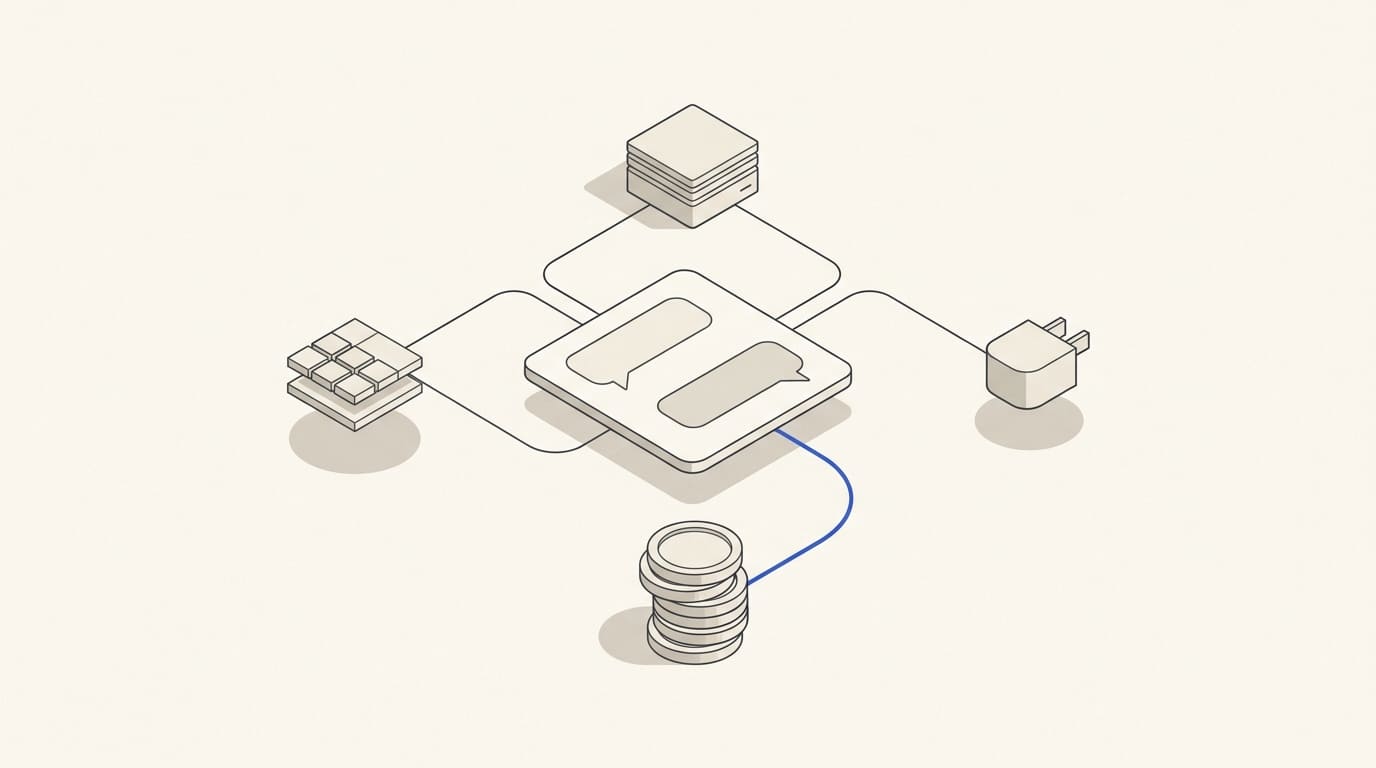 A chat card connected to an application module, integration plug, server and coins.