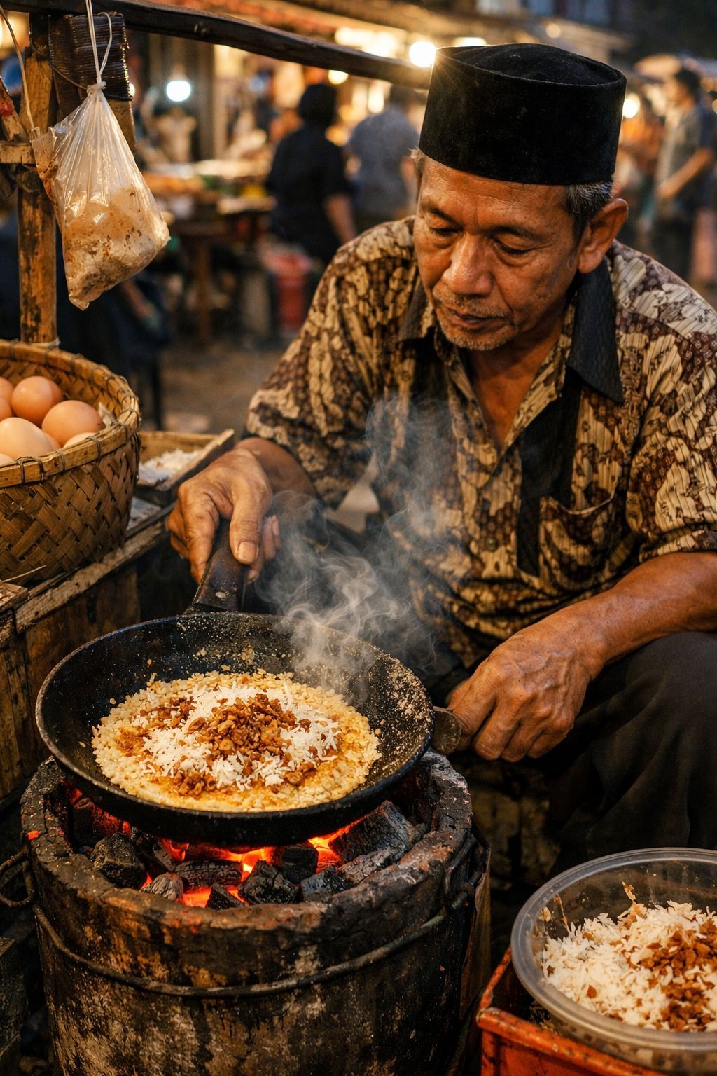 Kerak telor khas Betawi dengan tekstur gurih dan tampilan street food tradisional Indonesia