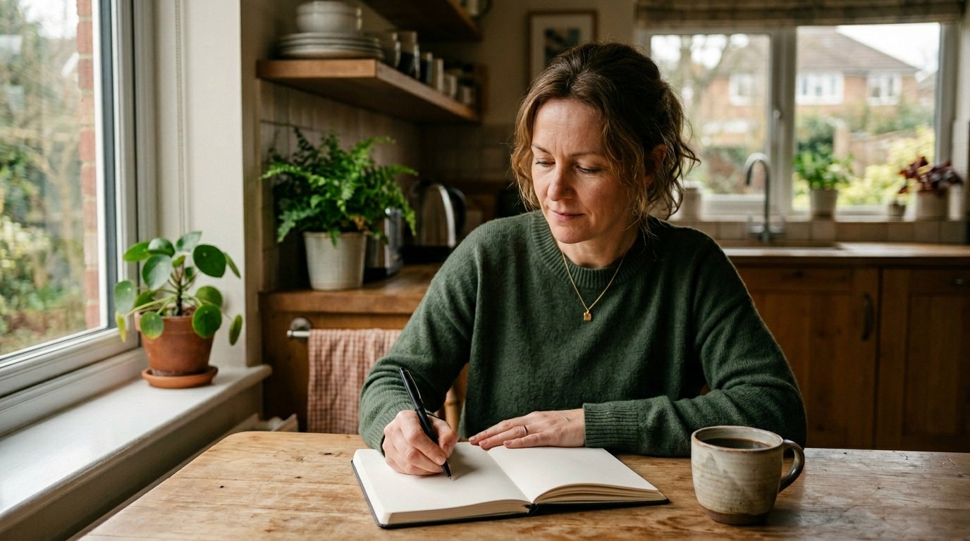 Женщина средних лет сидит за столом с блокнотом и кофе — иллюстрация к практическому плану действий для партнёрши в период кризиса