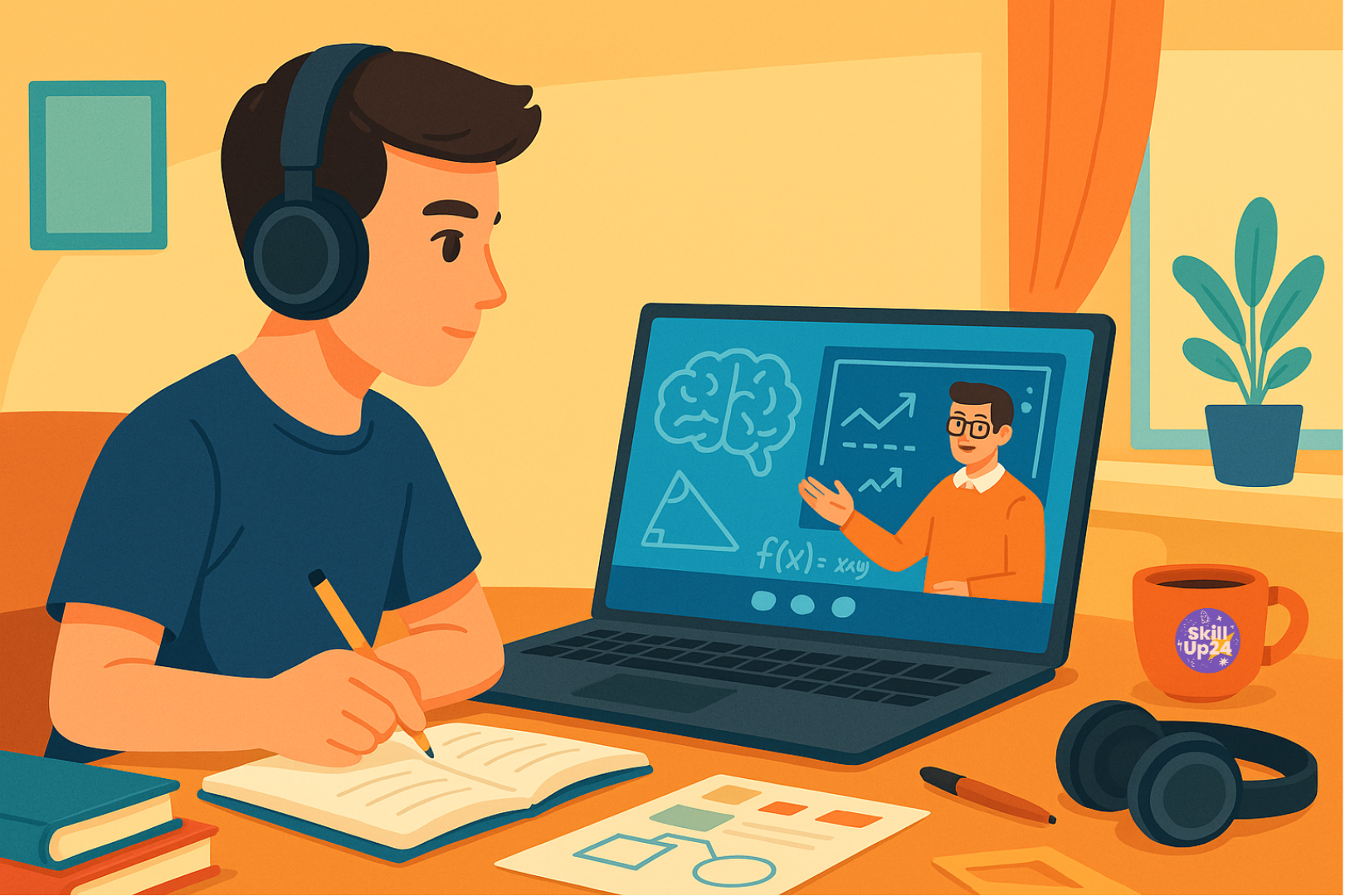 Подросток 15–17 лет сидит за ноутбуком на онлайн-уроке, на экране учитель и интерактивная доска с формулами и графиками, уютное рабочее место с тетрадями и наушниками, мультяшная иллюстрация в тёплых синих и оранжевых тонах