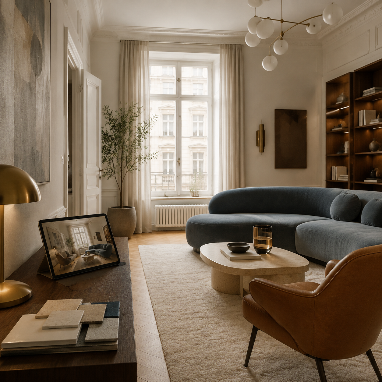 Wohnzimmer mit Sofa und Pflanze