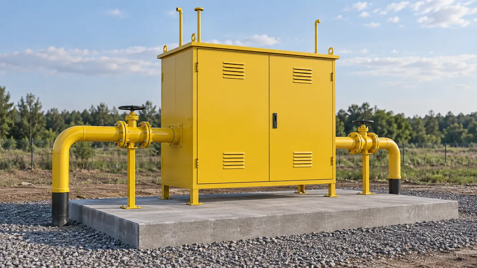 Визуализация типового жёлтого газорегуляторного шкафа на открытой площадке