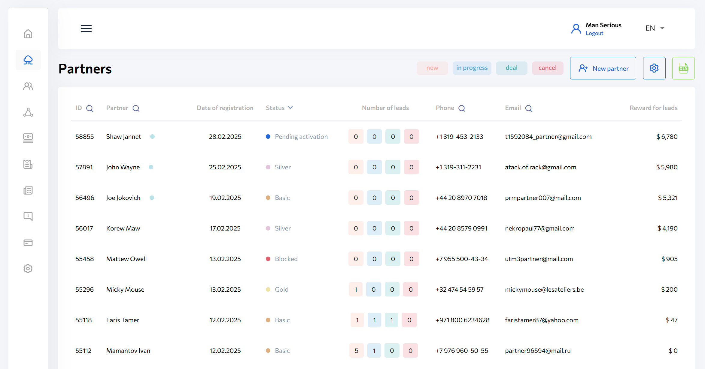 регистрация партнера и управление его профилем