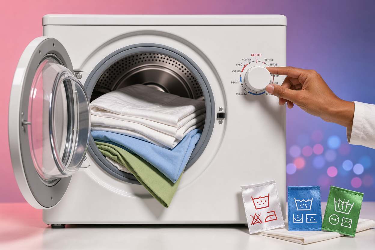 Open washing machine drum with bed sheets inside and a hand turning a program knob to a gentle cycle, fabric care labels nearby