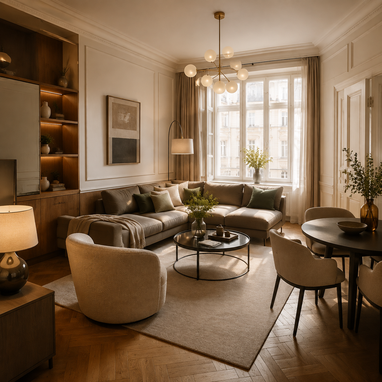 Wohnzimmer mit Sofa und Pflanze