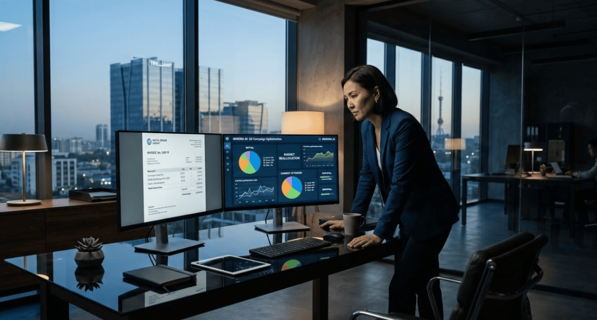 A CMO at a Tashkent office comparing a traditional ad agency retainer invoice against a Minora AI autonomous media buying dashboard on dual monitors.