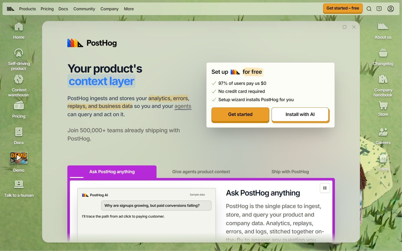 PostHog homepage screenshot (October 2026)