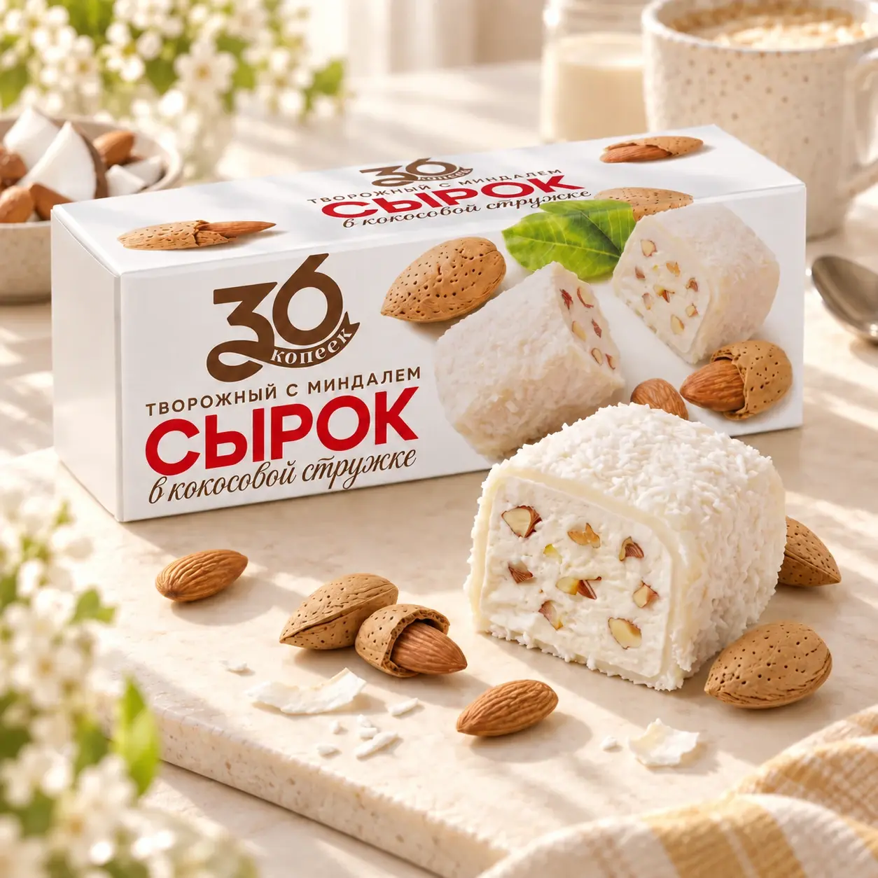 Сырок творожный с миндалём в кокосовой стружке — упаковка 36 копеек