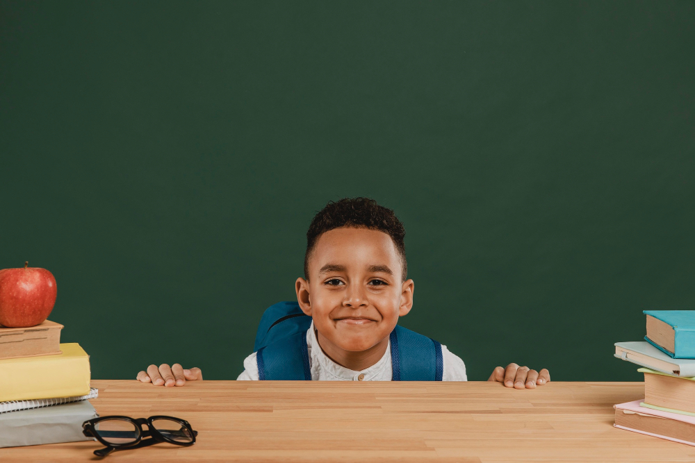A boy is standing by the blackboard.