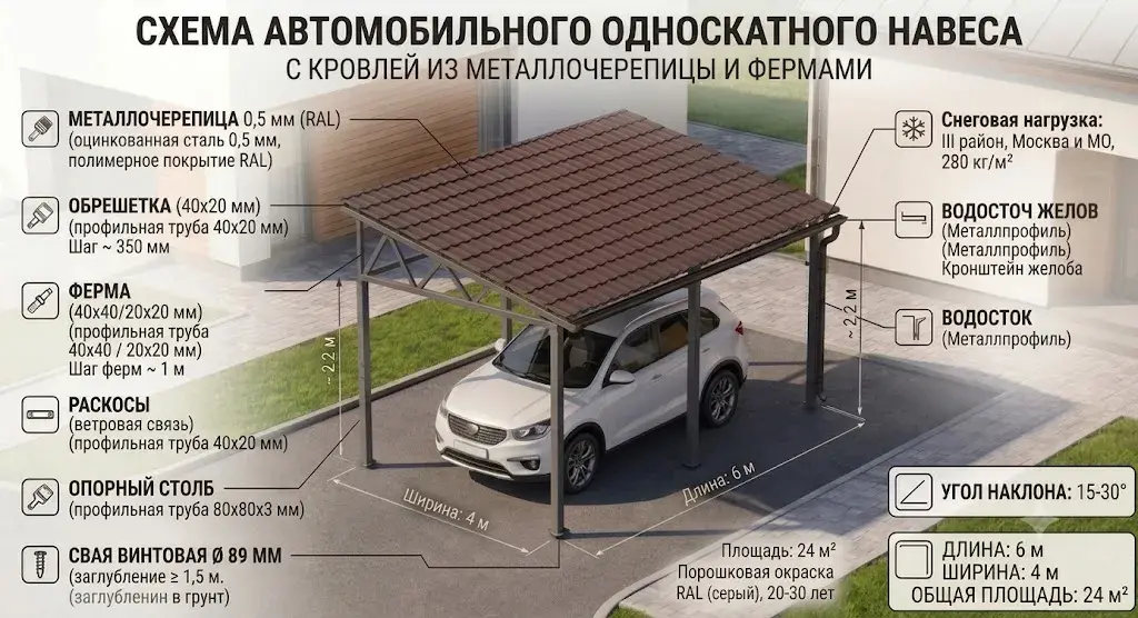 Инженерная схема каркаса односкатного навеса