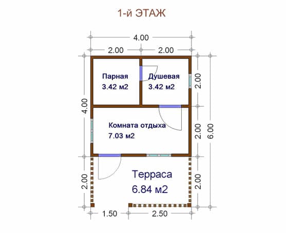 Проект бани 4х4 из бруса с верандой