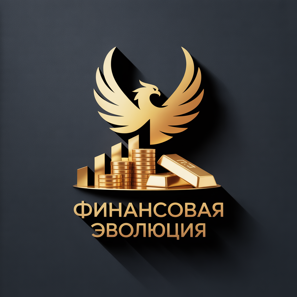 Логотип Финансовая Эволюция — золотой феникс над монетами и слитками
