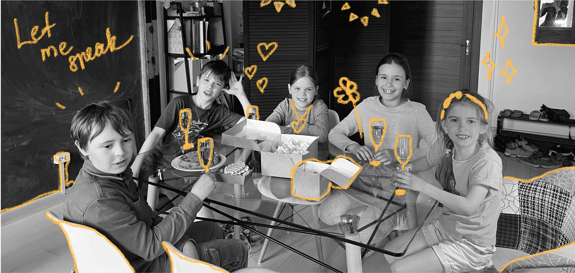 ученики сидят в учебном классе с тортиками и соком с нарисованными желтыми элементами на уроке английского языка