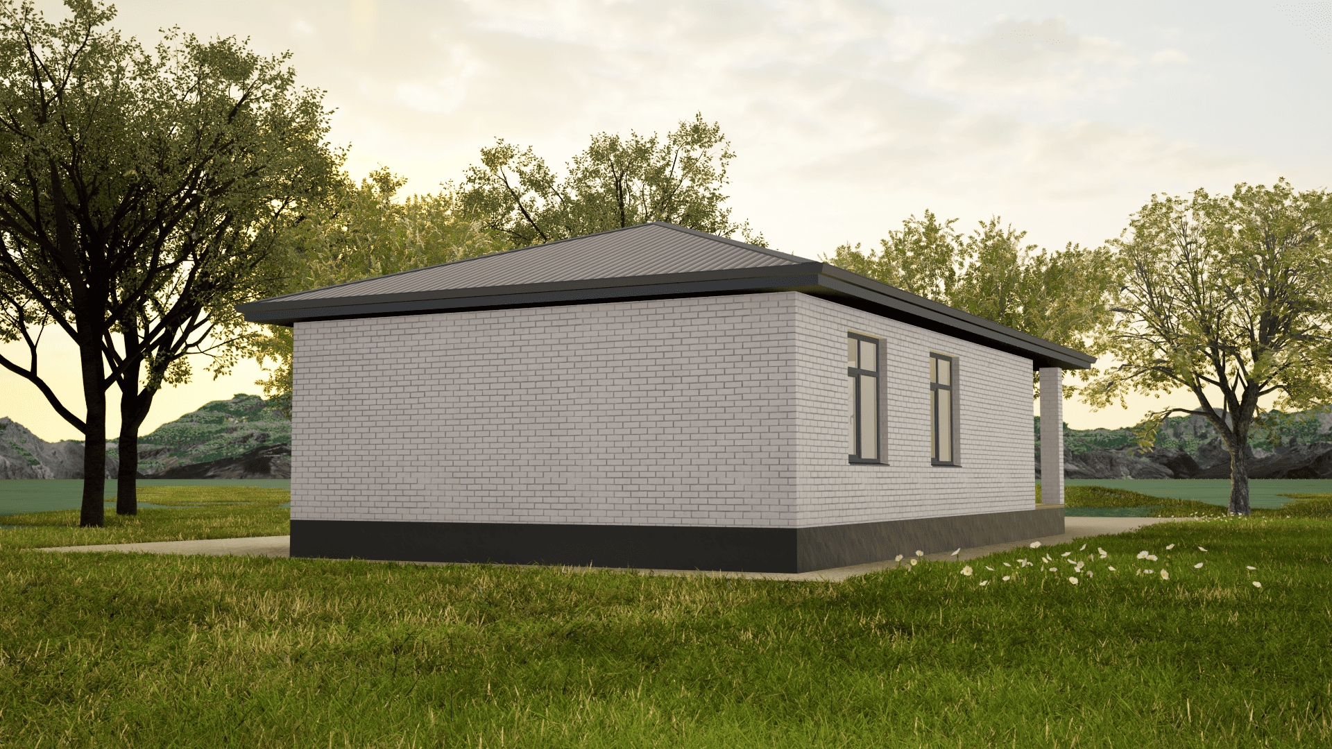 Одноэтажный дом в Ставрополе из белого силикатного кирпича с большой крытой террасой и темной кровлей цвета серый графит