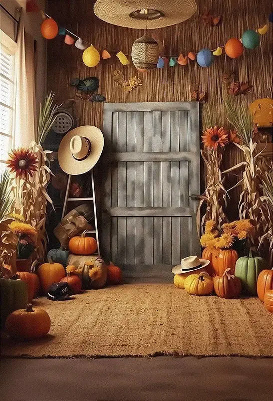 Осенняя фотозона с тыквами, деревянным задником и сухоцветами