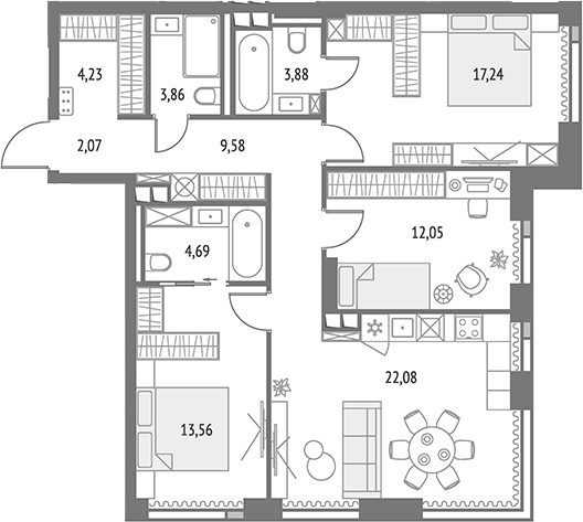 4-комнатная 86,5 м²