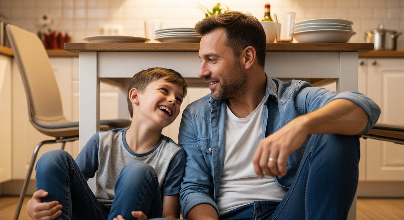 отец и сын разговаривают на кухне после ужина как пример доверительного контакта с ребёнком