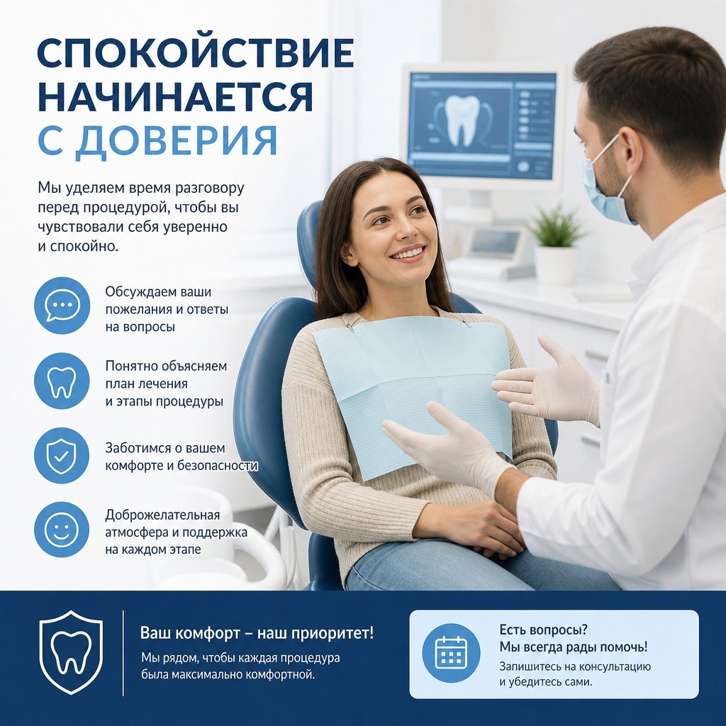 пациент в стоматологическом кресле спокойно беседует с врачом перед процедурой, дружелюбная атмосфера