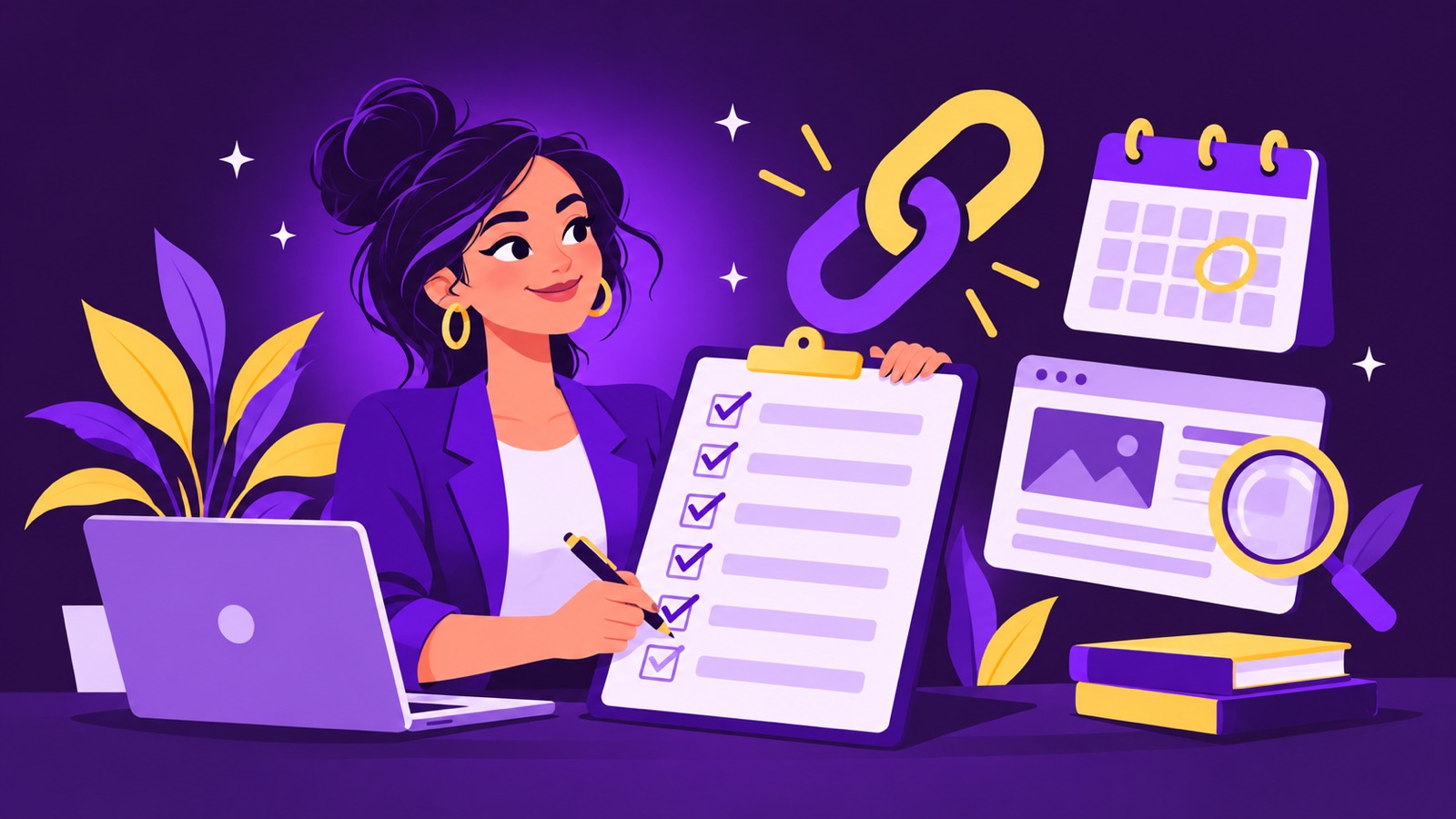 Link exchange checklist illustration: a female founder ticking off checks before linking back to a partner