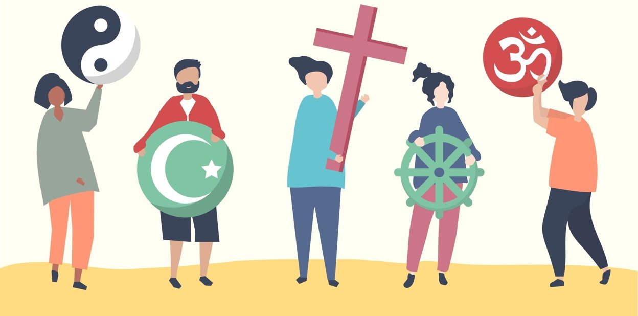 Рисованная иллюстрация с людьми, держащими символы главных мировых религий