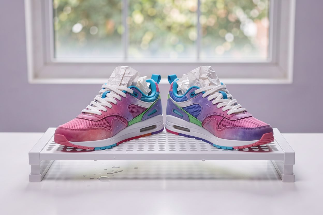 Two sneakers air-drying on a ventilated rack, stuffed with crumpled paper to keep shape, with a window showing gentle daylight but no direct sun