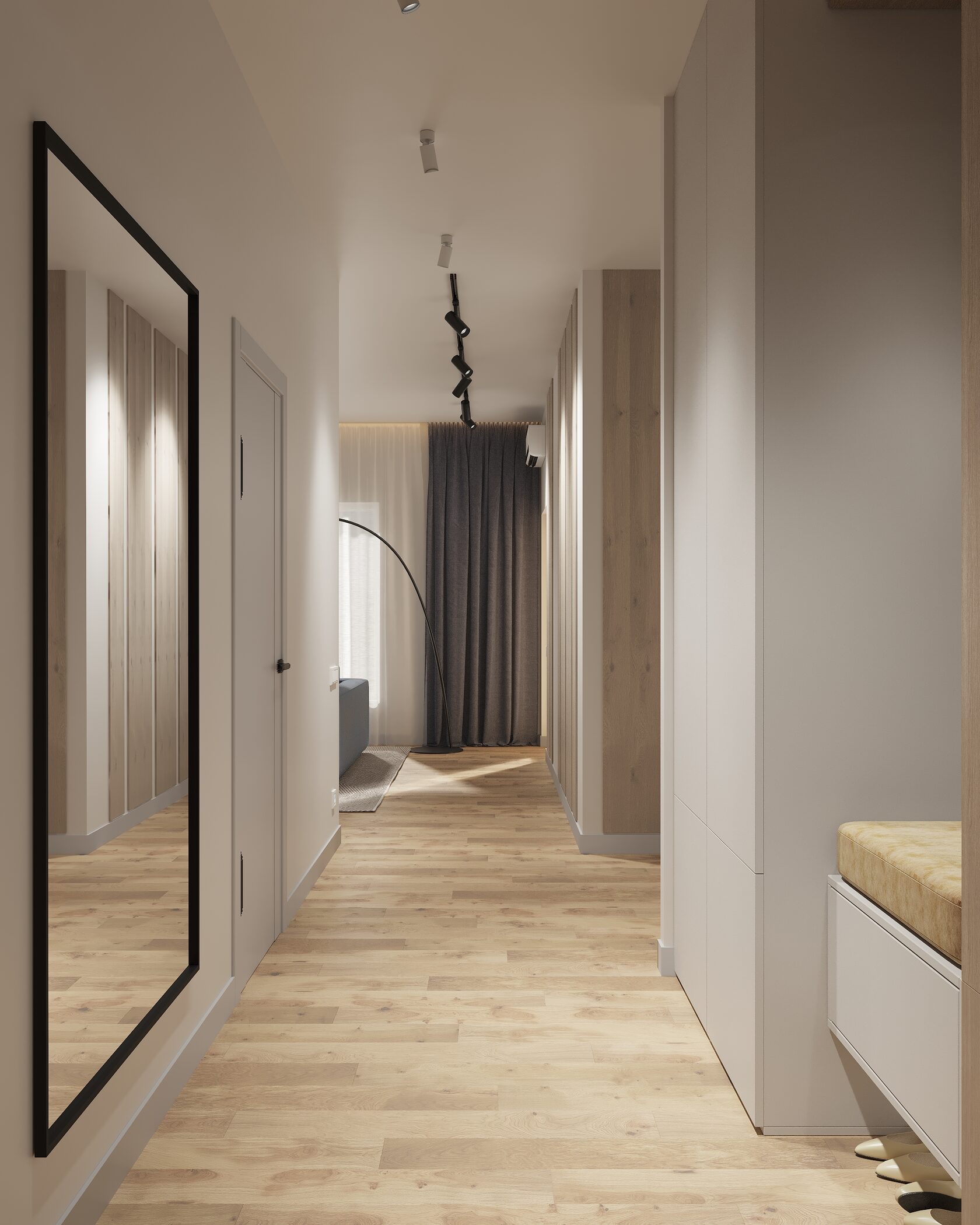 зона телевизора с зеркалами диваном панелями деревянными