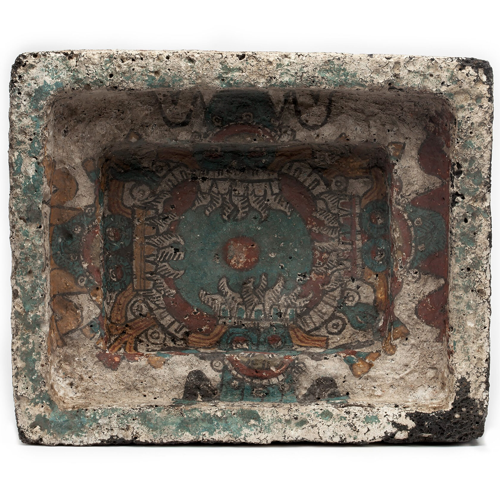 Фрагмент внутренней росписи каменного церемониального контейнера для подношений. Мексика, 1250-1500 гг. н.э. Коллекция Museo Nacional de Antropología, Мехико.