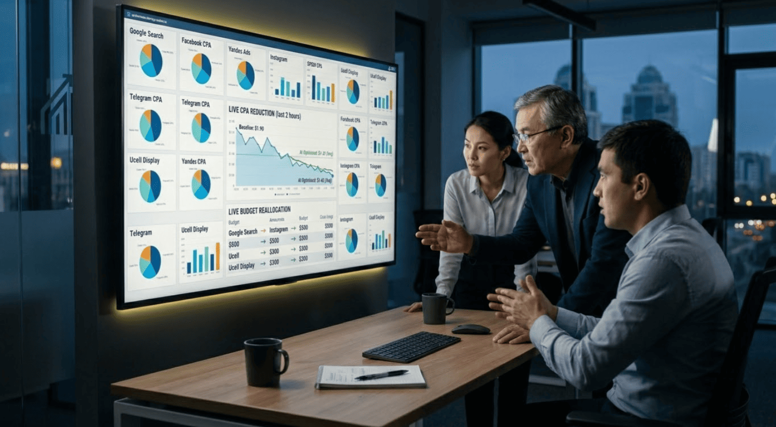 Marketing team reviewing real-time autonomous media buying dashboard showing 24/7 budget reallocation and CPA performance metrics across multiple channels.
