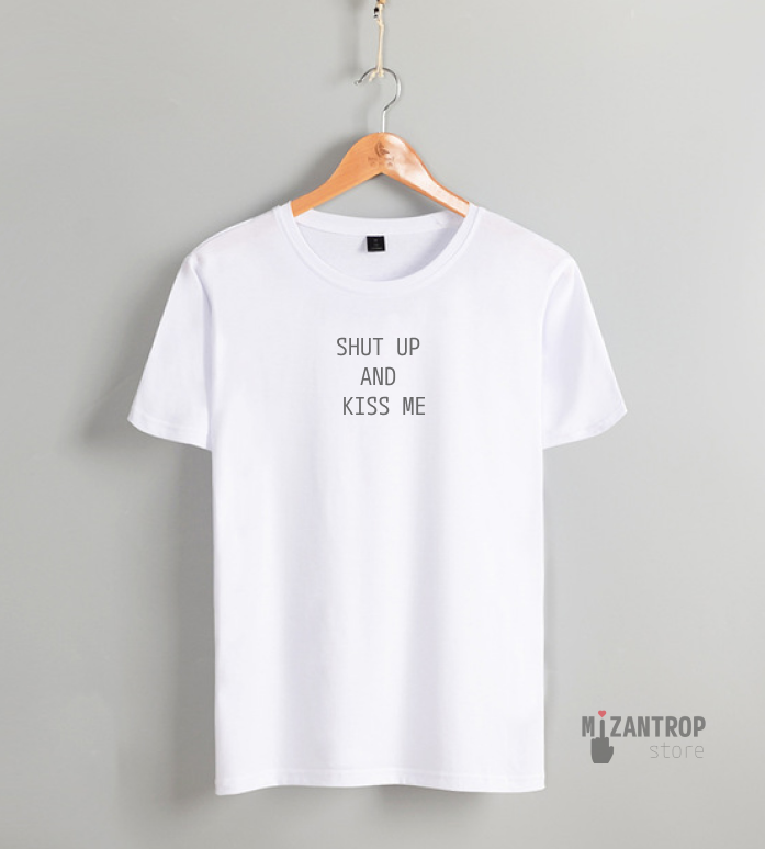 Оригинальная футболка для девушки "shut up and kiss me" (Заткнись и поцелуй меня)