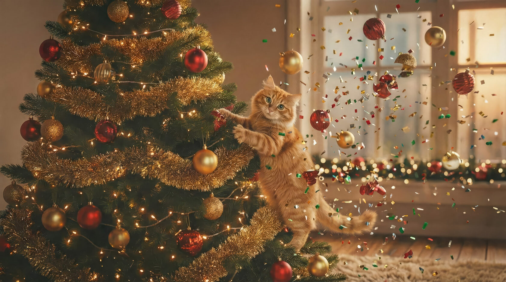 Рыжий кот на елке, взрыв хлопушки и конфетти. Иллюстрация к веселой новогодней песне в стиле советского кино.