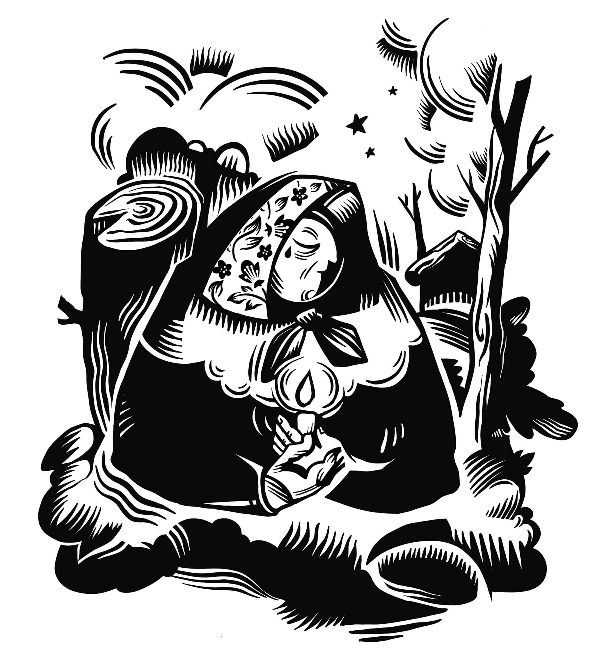 Сказочная черно-белая иллюстрация с бабушкой в платке, свечой и магическим пейзажем