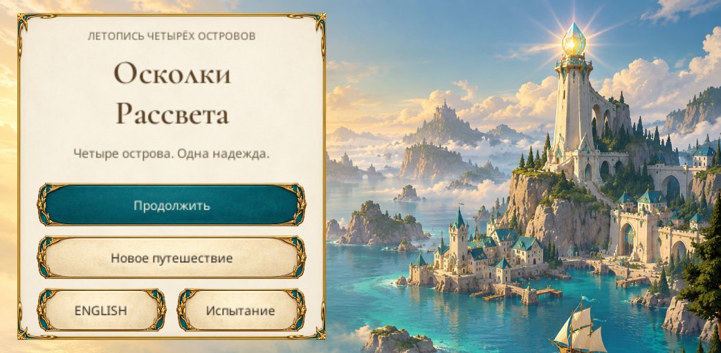Shards of Dawn title screen: a parchment panel with menu buttons in front of a lighthouse above the sea