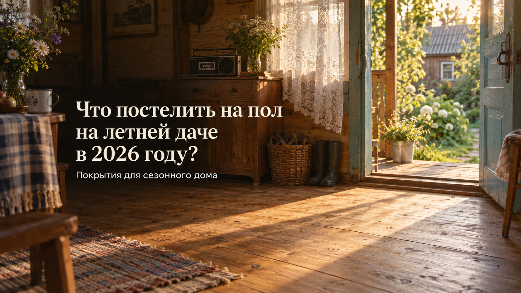 Уютный интерьер светлой летней дачи с деревянными стенами и практичным напольным покрытием под натуральный дуб, открытая дверь ведёт в зелёный сад — выбор пола для сезонного загородного дома в 2026 году.