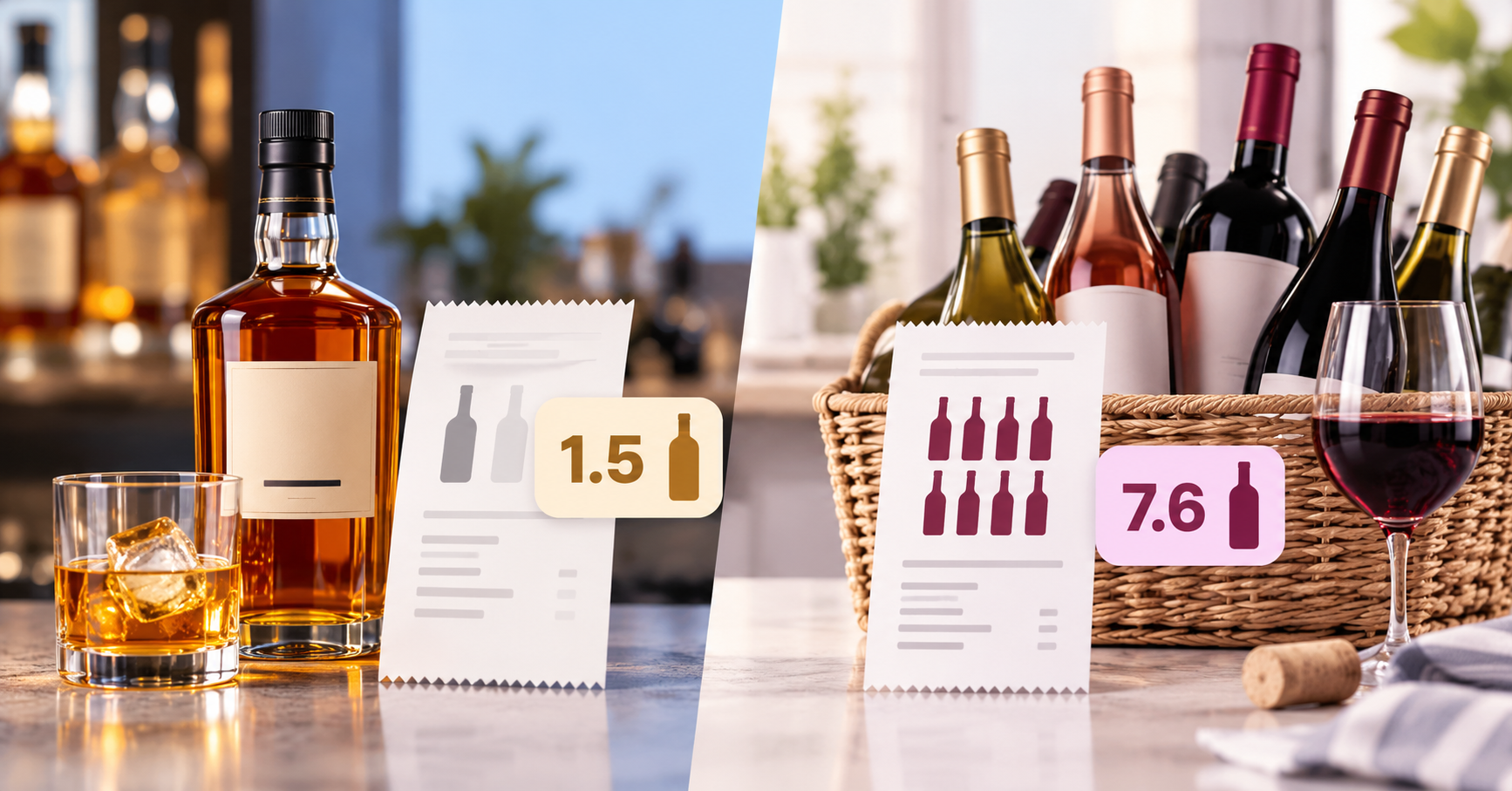 A short spirits receipt with one whiskey bottle beside a long wine receipt with a case of bottles, 1.5 against 7.6.