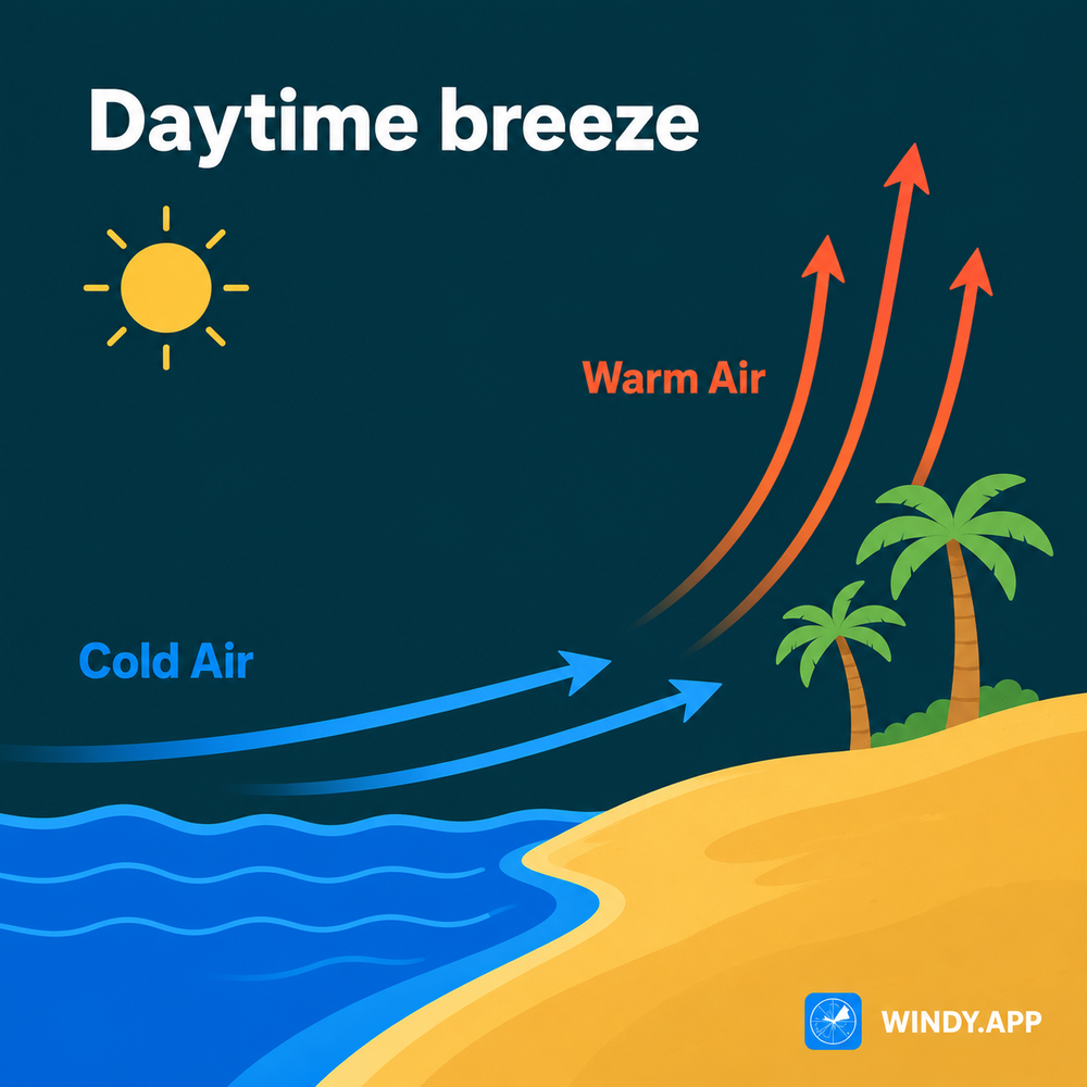 Daytime breeze: the sun warms the land, warm air rises and cool air moves in from the sea
