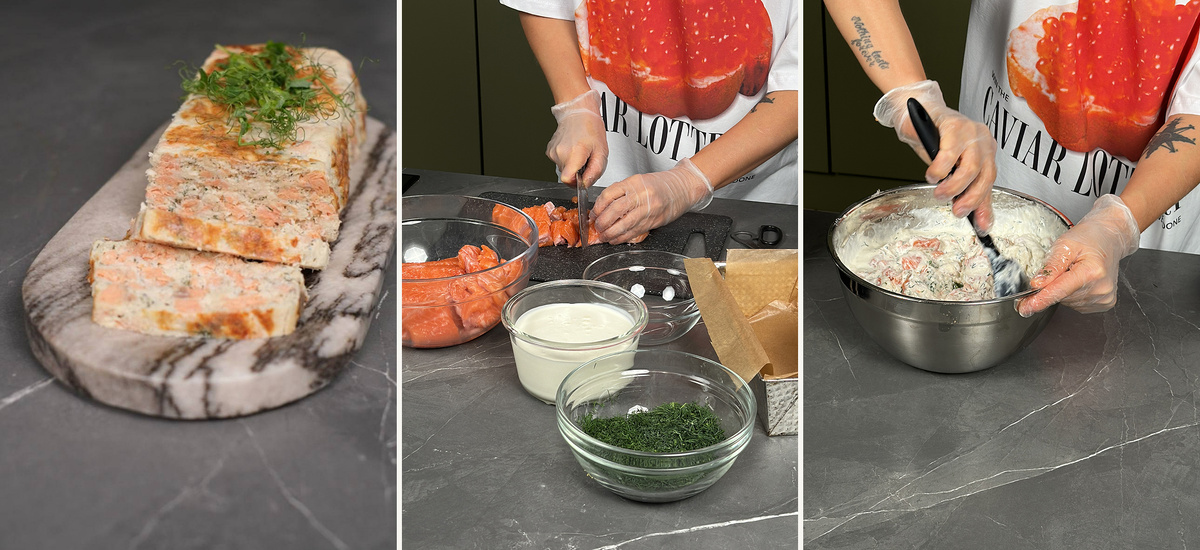 Три изображения, демонстрирующие процесс приготовления рыбы. На первом — готовое блюдо из рыбы, поданное с зеленью на мраморной доске. На втором — нарезка рыбы для приготовления, в посуде рядом с ней сметана и зелень. На третьем — процесс смешивания ингредиентов в большой миске для приготовления рыбы. Рецепт для легкого и вкусного блюда с рыбой и зеленью.