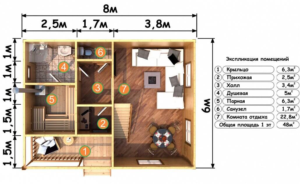 Проект бани 6 на 8 двухэтажный