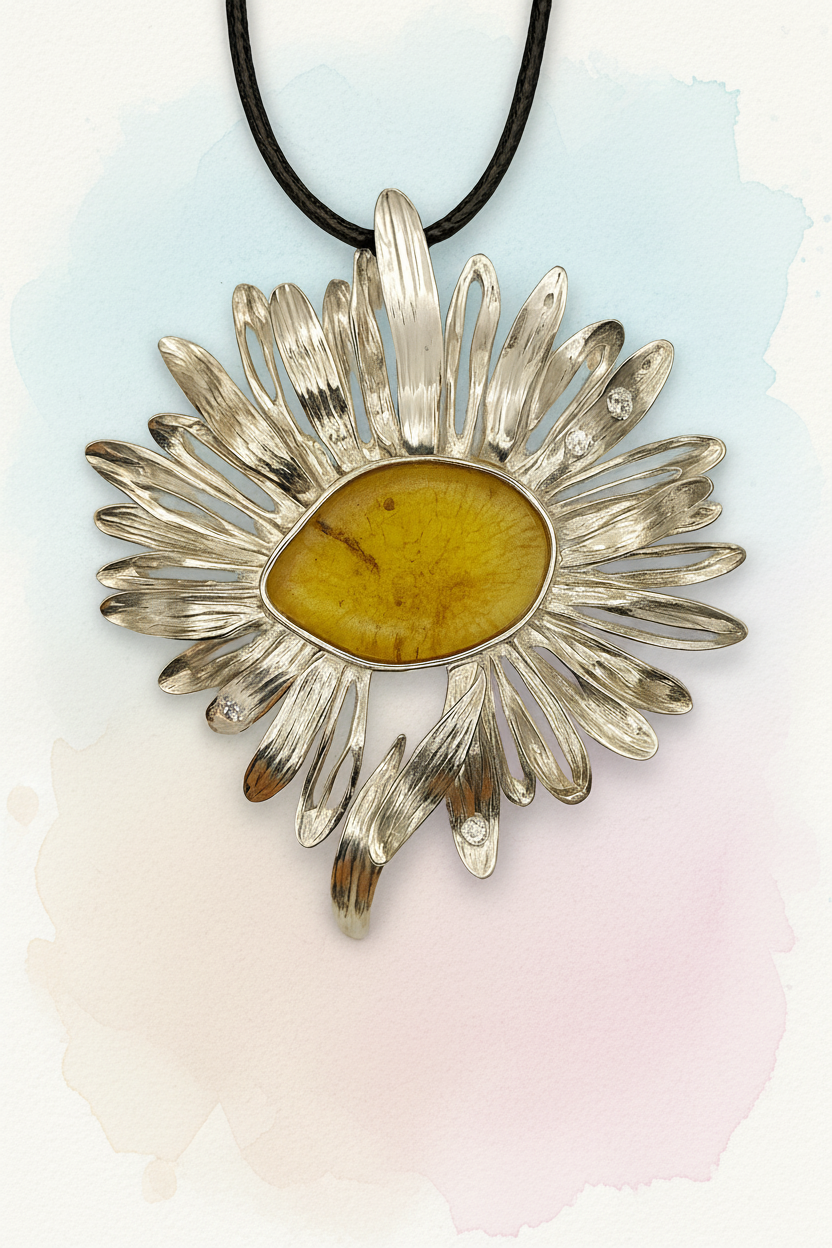 Подвеска «Ромашка» из серебра с янтарём и фианитами, Anna Barysheva Jewelry