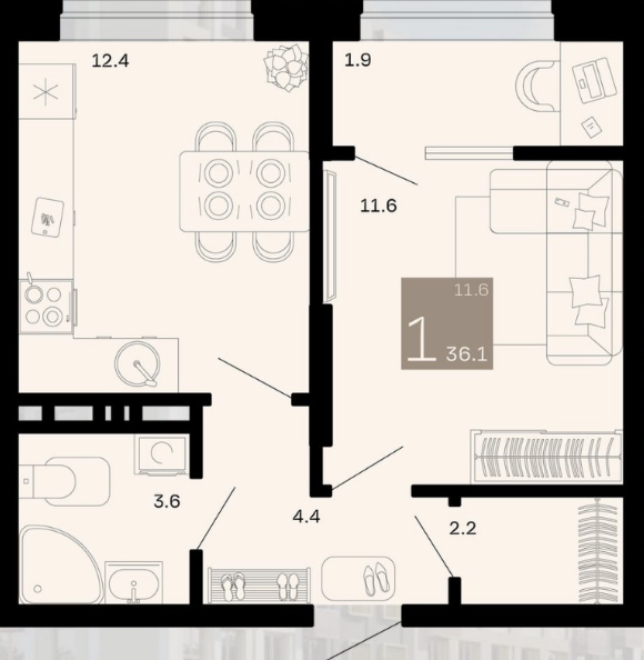 Планировка 1-комнатной квартиры 36.2 м²
