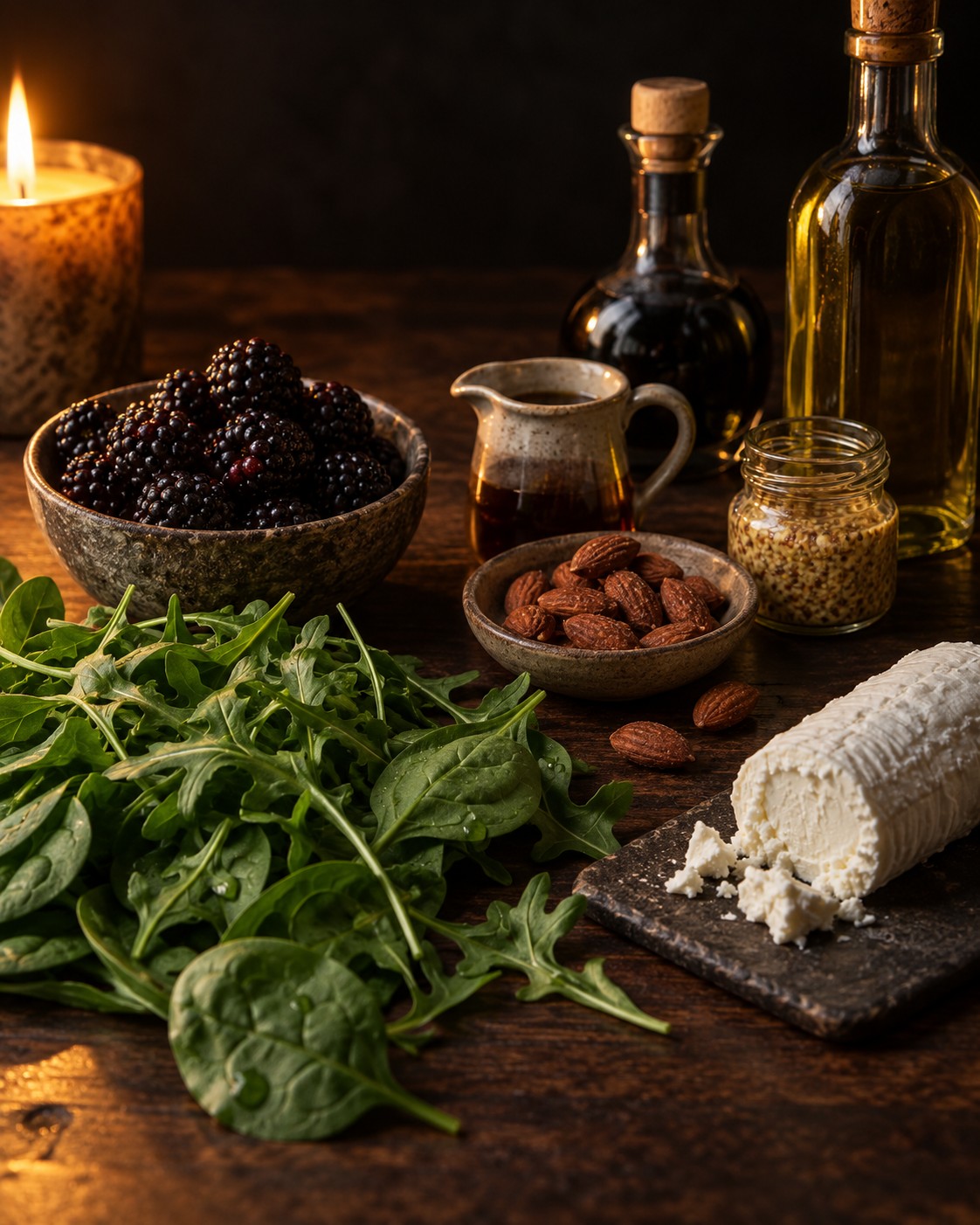 Ingredients for a blackberry and goat cheese salad: blackberries, baby spinach and arugula, soft goat cheese, smoked almonds, aged balsamic, Dijon mustard, maple syrup and olive oil
