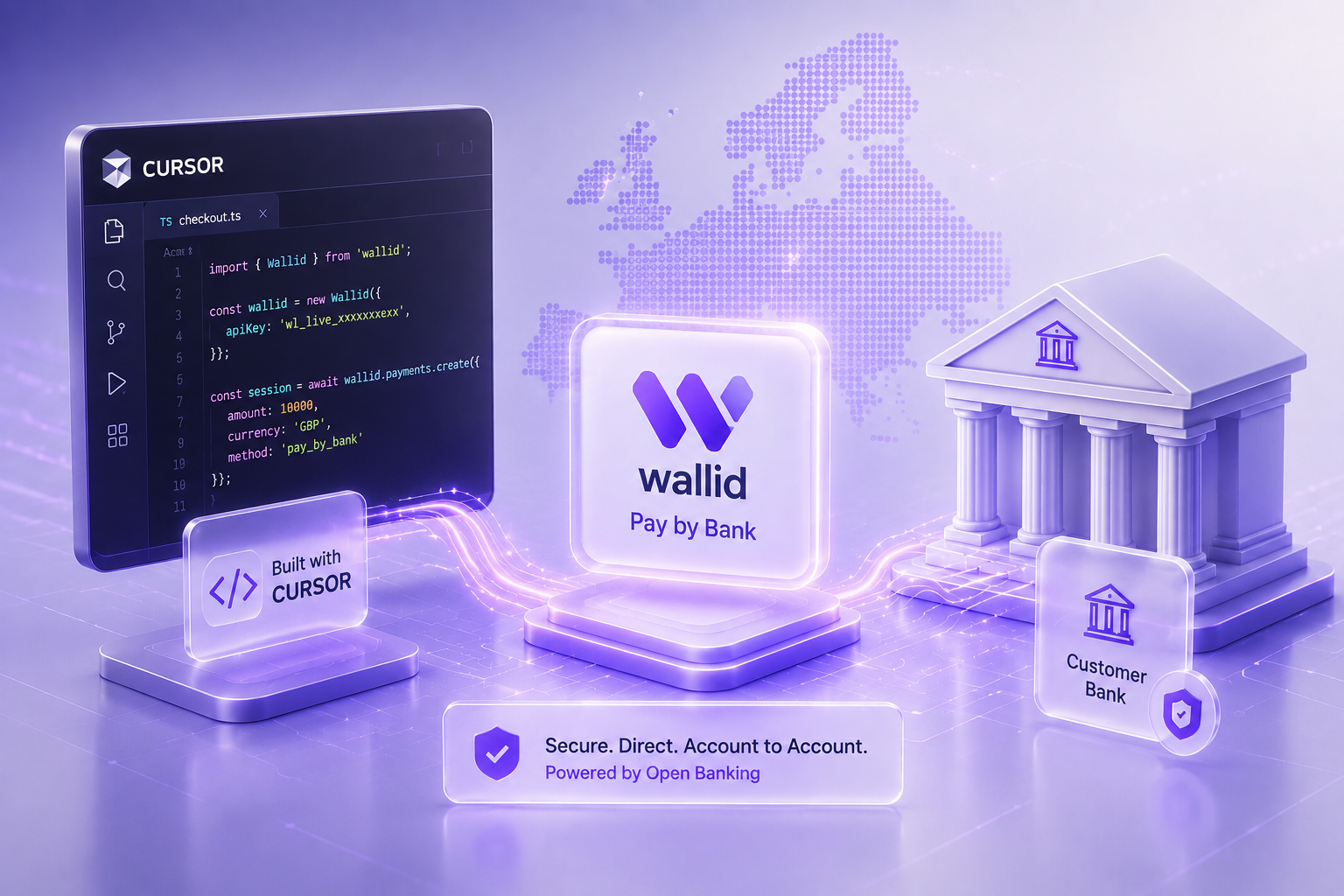 Futuristic illustration of a Cursor-built application integrated with Wallid Pay by Bank API showing secure Open Banking payment infrastructure and account-to-account transactions.