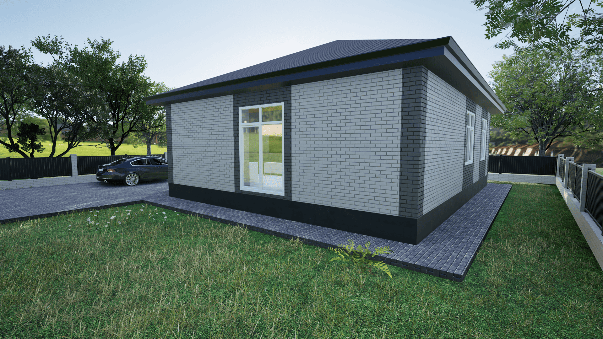 Одноэтажный дом в Ставрополе с комбинированным фасадом из белого и темно-серого кирпича и темной крышей цвета серый графит