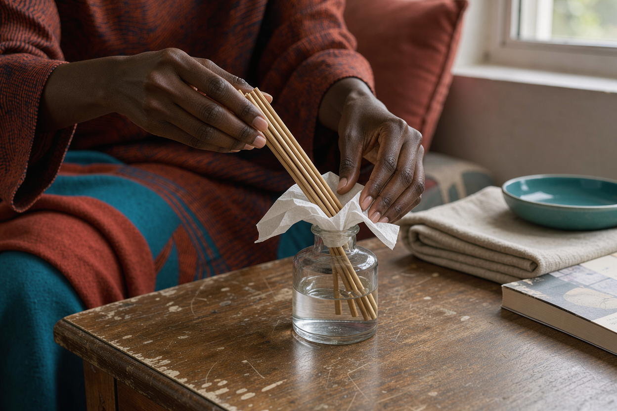 hands flipping wooden diffuser sticks over a bottle with a tissue to avoid spills, household background, no products shown