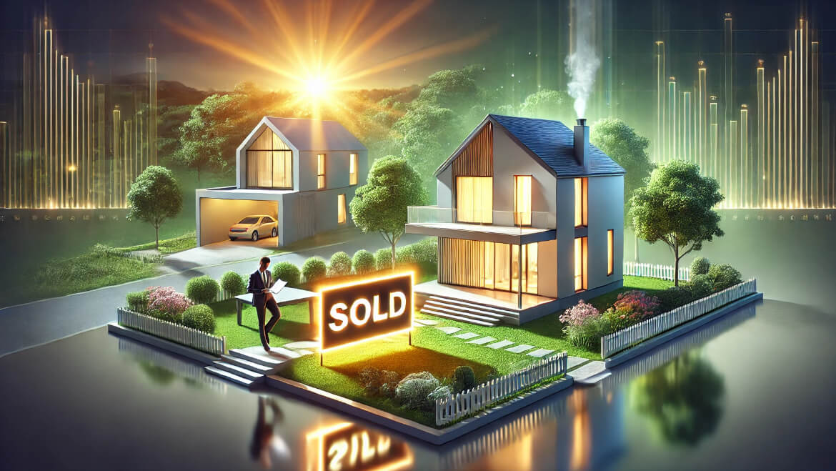 A graphic illustration featuring an island with a house and a Sold sign