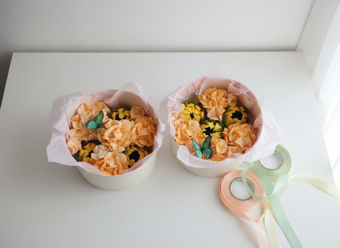Художественные цветы из зефира в шляпной коробке с окном, диаметр 16 см 4
