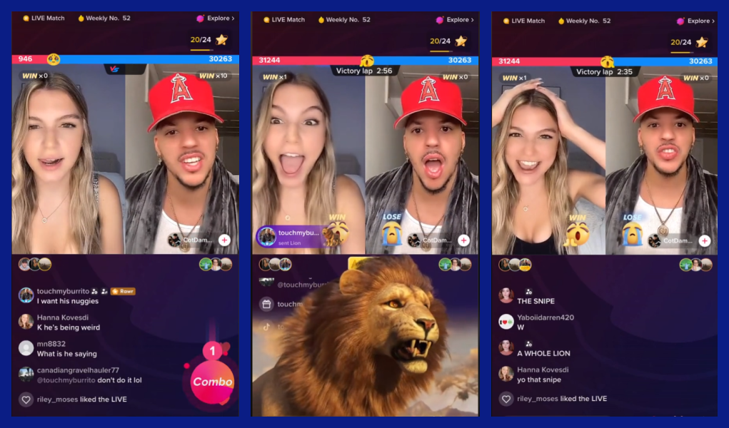 The most generous Gift sender very often appears at the last second, but you definitely need to draw his or her attention to the timer so as not to miss the moment. On the screenshot from the TikTok LIVE match a person has send a gift on the last second of a match making a creator speechless – and a winner.